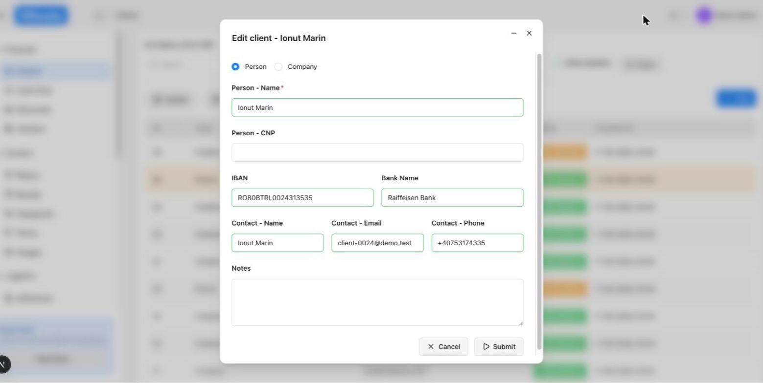 Fereastra de editare a unui client, cu câmpurile completate