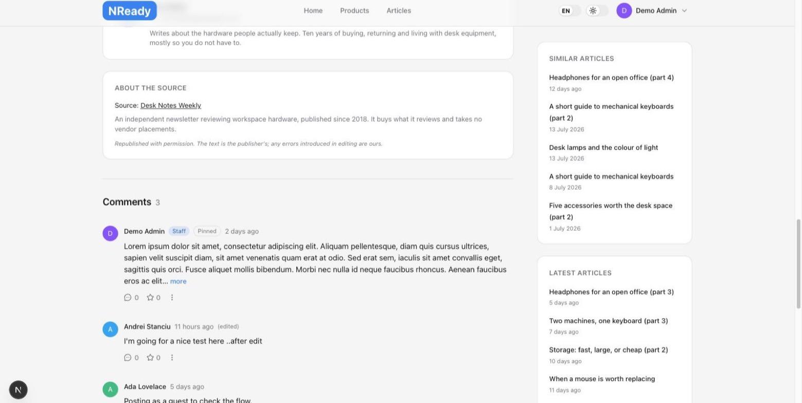 Secțiunea de comentarii a articolului, cu un comentariu al redacției fixat sus